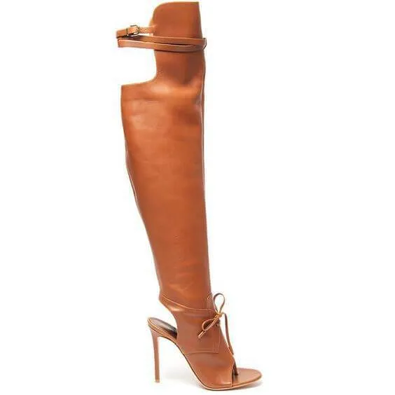 Snakeskin Cutout Chain Heel Thigh High Knee High Boots