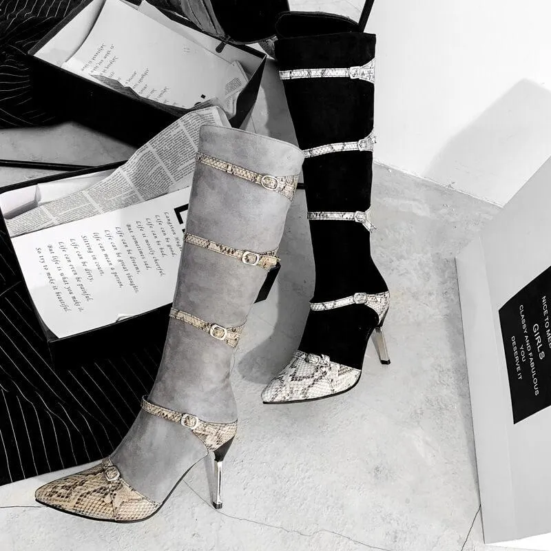 Snakeskin Leather High Heel Patchwork Knee High Boots