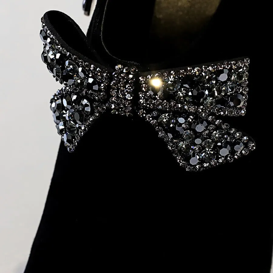 Suede Bow Rhinestone Point Toe High Heel Ankle Boots