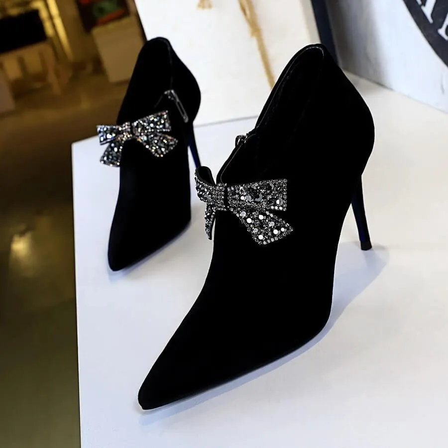Suede Bow Rhinestone Point Toe High Heel Ankle Boots