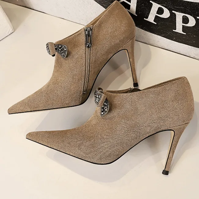 Suede Bow Rhinestone Point Toe High Heel Ankle Boots